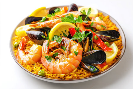 Deconstructed Paella Artfully Arranged with Vibrant Ingredients on a Minimalist White Backgroundの写真素材