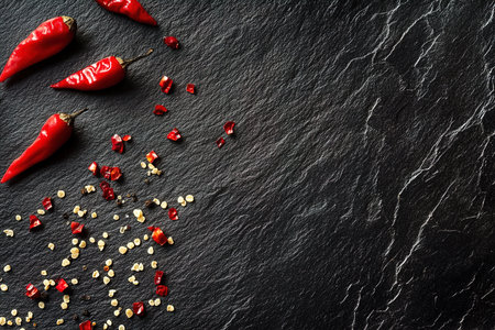 Elegant Minimalist Photography of Red Chili Peppers with Fine Seasoning Grains on Dark Slateの写真素材