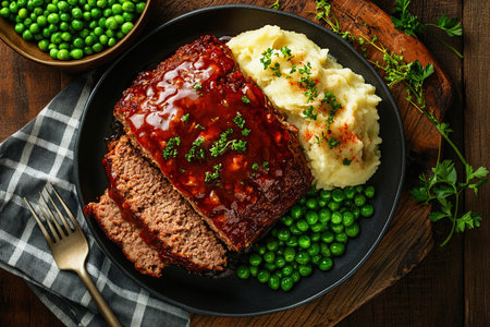 Classic Glazed Meatloaf with Mashed Potatoes and Peas on a Rustic Wooden Tableの写真素材