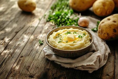 Creamy Mashed Potatoes with Melting Butter and Fresh Parsley on a Rustic Wooden Tableの写真素材