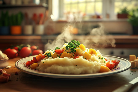 Homely Kitchen Scene Featuring Mashed Potatoes, Roasted Vegetables, and Culinary Warmthの写真素材