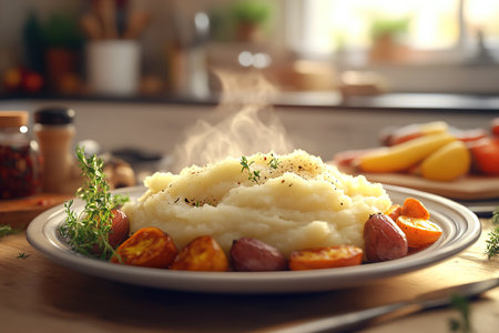 Homely Kitchen Scene Featuring Mashed Potatoes, Roasted Vegetables, and Culinary Warmthの写真素材
