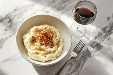 Sophisticated Presentation of Mashed Potatoes with Wine and Modern Ambianceの写真素材