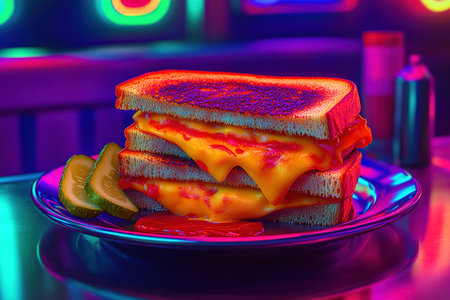 Classic Grilled Cheese Sandwich in a Retro Diner Setting with Neon Reflections and Pickle Slicesの写真素材