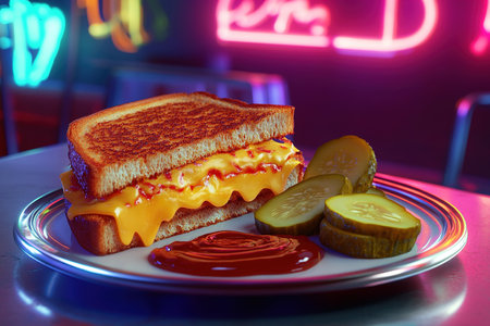 Classic Grilled Cheese Sandwich in a Retro Diner Setting with Neon Reflections and Pickle Slicesの写真素材