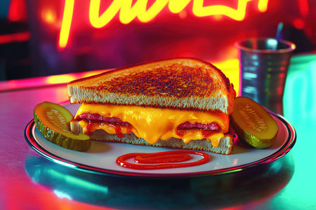 Classic Grilled Cheese Sandwich in a Retro Diner Setting with Neon Reflections and Pickle Slicesの写真素材