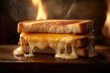 Cozy Grilled Cheese Scene Highlighting Crispy Crust and Gooey Cheese on a Rustic Backgroundの写真素材