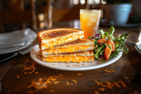 Gooey Grilled Cheese Sandwich Stack with Vibrant Salad and Refreshing Iced Tea on a Casual Tableの写真素材