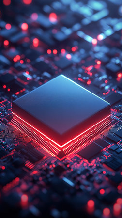 Hyper-Realistic Close-Up of a Circuit Board with Glowing Lights and Chip in Dark Blue and Red Theme