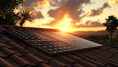 Photorealistic Low-Angle Shot of Solar Panels with Blurred Landscape and Stunning Sunsetの写真素材