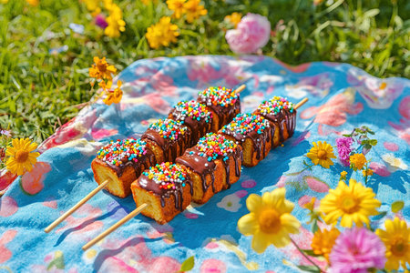 Colorful Summer Picnic Illustration Featuring French Toast Skewers and Sunny Fieldsの写真素材