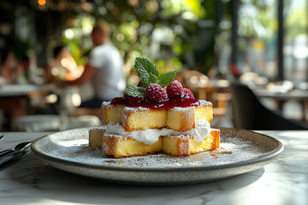 Refined French Toast Presentation with Mint Garnish on a Marble Table, Urban Ambiance