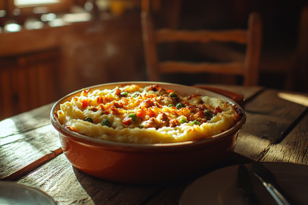 Freshly Baked Shepherd's Pie with Crispy Topping in Warm Candlelit Farmhouse Ambianceの写真素材
