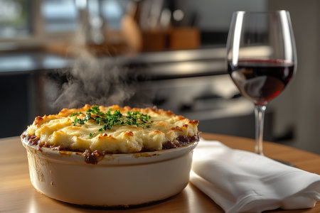Elegant Shepherd's Pie with Fresh Parsley and Red Wine on a Minimalist Table Settingの写真素材