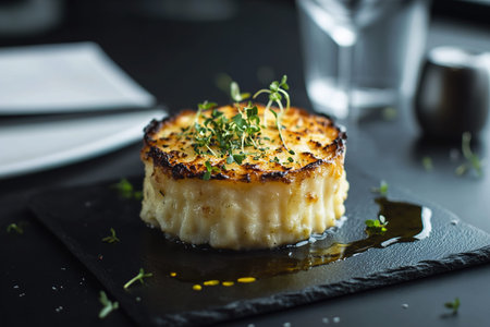 Elegant Shepherd's Pie with Fresh Parsley and Red Wine on a Minimalist Table Settingの写真素材
