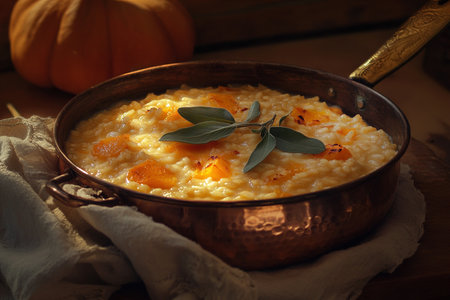 Creamy Chicken and Parmesan Risotto in a Rustic Clay Bowl on a Farmhouse Tableの写真素材