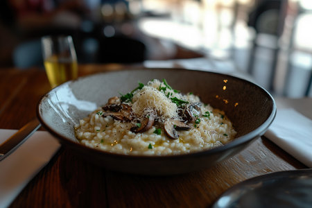 Creamy Chicken and Parmesan Risotto in a Rustic Clay Bowl on a Farmhouse Tableの写真素材