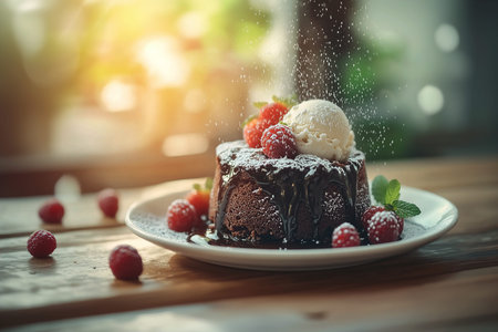 Minimalist Slice of Chocolate Cake with Drizzle and Mint Garnish on a Rustic Table