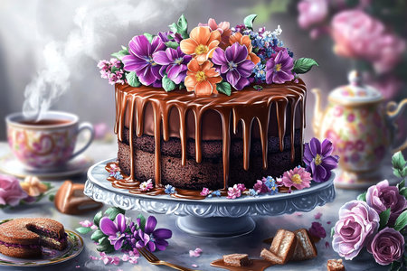 Elegant Chocolate Cake with Edible Flowers and Caramel Drips Amidst Luxury Desserts on Marble Table