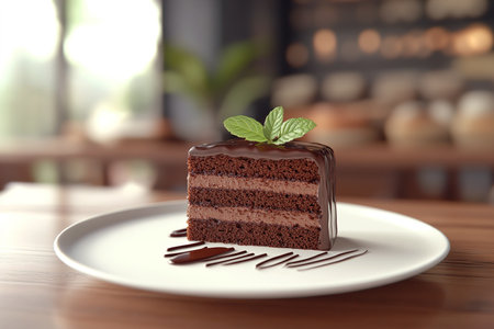 Minimalist Slice of Chocolate Cake with Drizzle and Mint Garnish on a Rustic Tableの写真素材
