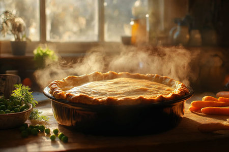 Luxurious Puff Pastry Seafood Pot Pie with Steam Rising in Minimalist Setting