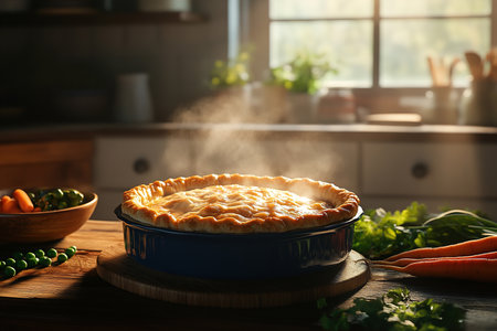 Luxurious Puff Pastry Seafood Pot Pie with Steam Rising in Minimalist Settingの写真素材