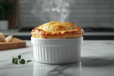 Luxurious Puff Pastry Seafood Pot Pie with Steam Rising in Minimalist Settingの写真素材
