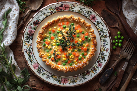 Luxurious Puff Pastry Seafood Pot Pie with Steam Rising in Minimalist Settingの写真素材