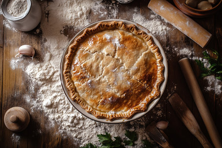 Luxurious Puff Pastry Seafood Pot Pie with Steam Rising in Minimalist Settingの写真素材