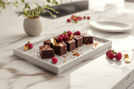 Minimalist Kitchen Featuring Stylish Brownies with Elegant Garnishingの写真素材