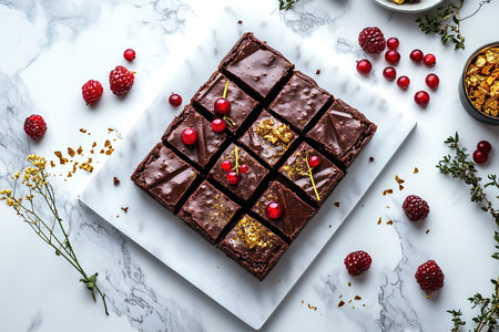 Minimalist Kitchen Featuring Stylish Brownies with Elegant Garnishingの写真素材