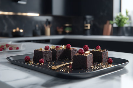 Minimalist Kitchen Featuring Stylish Brownies with Elegant Garnishingの写真素材