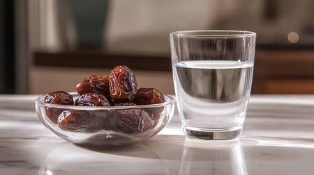 Minimalist Ramadan Food Display: Dates and Sparkling Water on White Marbleの写真素材