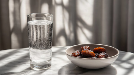 Minimalist Ramadan Food Display: Dates and Sparkling Water on White Marble