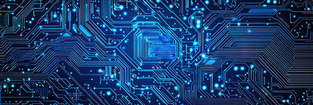 Digital Blue Circuit Board Design for Modern Technology-Themed Web Bannersの写真素材