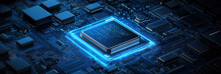 Digital Blue Circuit Board Design for Modern Technology-Themed Web Bannersの写真素材