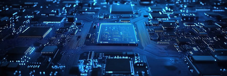 Digital Blue Circuit Board Design for Modern Technology-Themed Web Bannersの写真素材