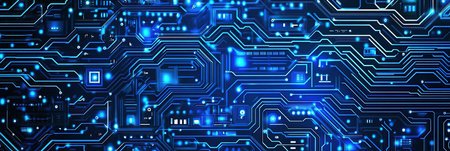Digital Blue Circuit Board Design for Modern Technology-Themed Web Bannersの写真素材