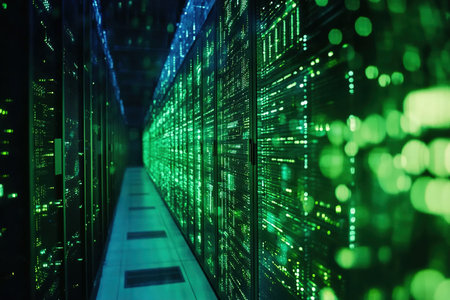 Advanced Server Room with High-Tech Vibes in a Digital Green and Blue Aestheticの写真素材