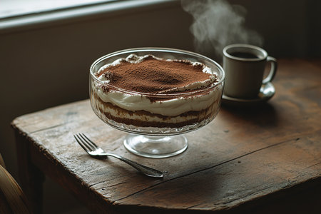 Artistic Tiramisu Presentation with Gold Accents and Edible Flowers in a Chic CafÃ© Ambianceの写真素材