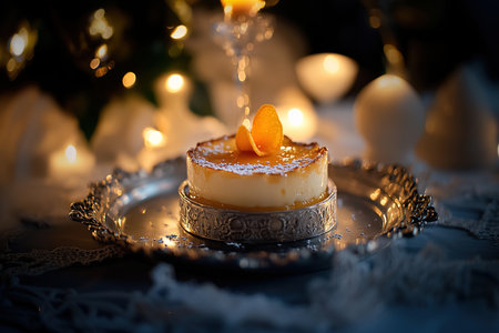 Elegant Crème Brûlée Presentation with Mint and Raspberries on a Wooden Tableの写真素材