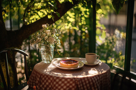 Elegant CrÃ¨me BrÃ»lÃ©e Presentation with Mint and Raspberries on a Wooden Tableの写真素材