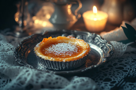 Elegant CrÃ¨me BrÃ»lÃ©e Presentation with Mint and Raspberries on a Wooden Tableの写真素材