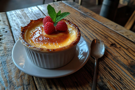 Elegant CrÃ¨me BrÃ»lÃ©e Presentation with Mint and Raspberries on a Wooden Tableの写真素材