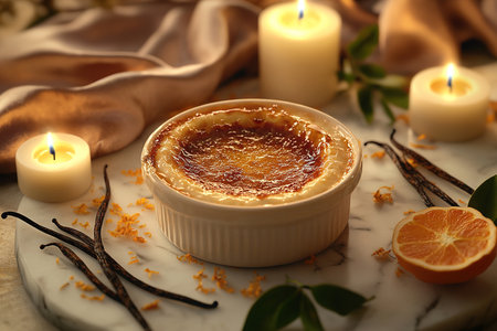 Elegant CrÃ¨me BrÃ»lÃ©e Presentation with Mint and Raspberries on a Wooden Tableの写真素材
