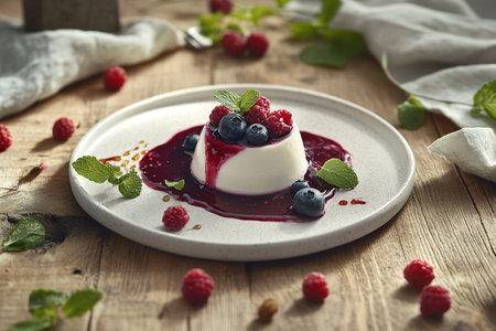 Smooth Panna Cotta Highlighted with Berry Coulis and Honey on a Rustic Tableの写真素材