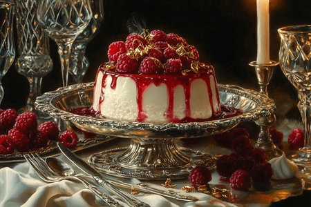 Smooth Panna Cotta Highlighted with Berry Coulis and Honey on a Rustic Tableの写真素材