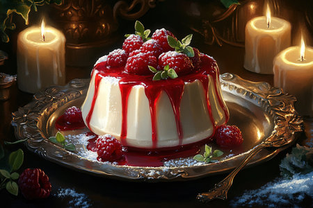 Smooth Panna Cotta Highlighted with Berry Coulis and Honey on a Rustic Tableの写真素材