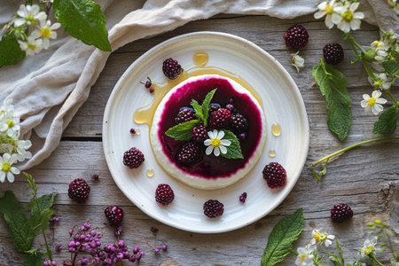 Smooth Panna Cotta Highlighted with Berry Coulis and Honey on a Rustic Tableの写真素材