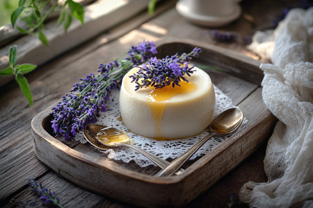 Smooth Panna Cotta Highlighted with Berry Coulis and Honey on a Rustic Tableの写真素材